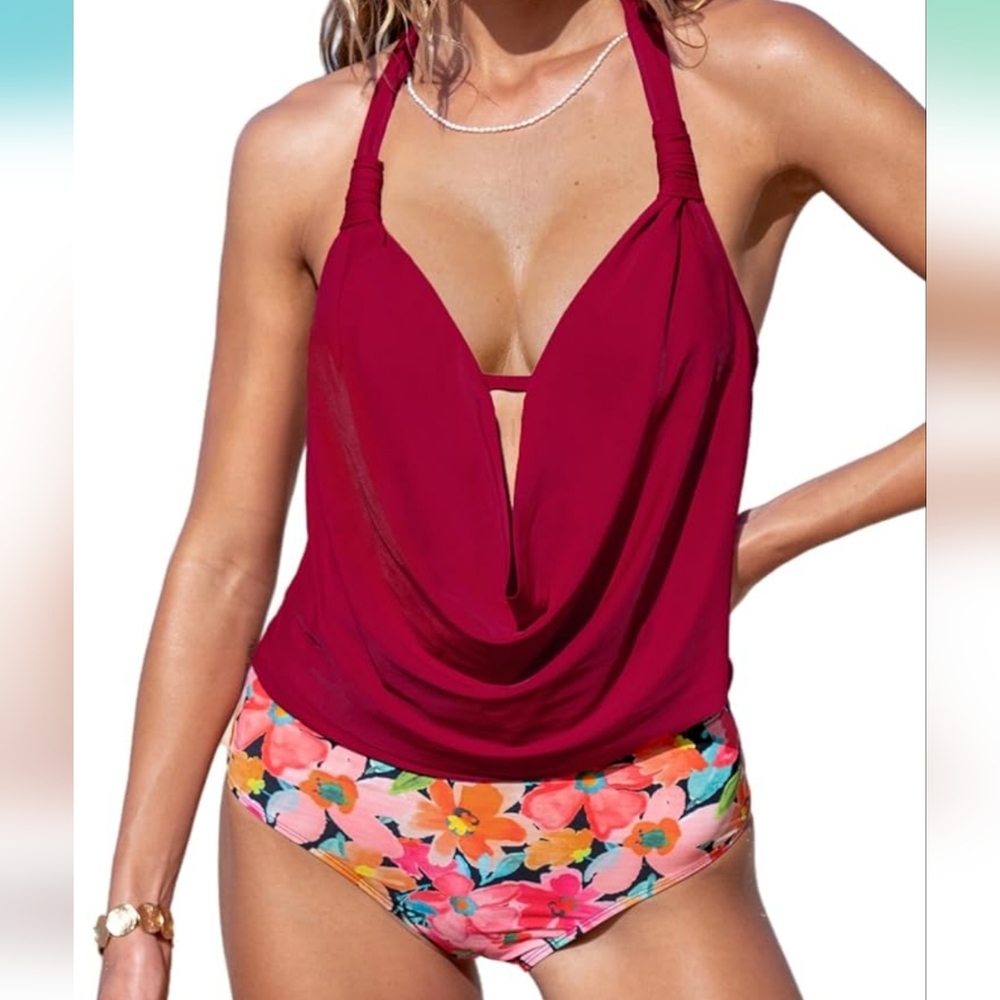 Cupshe Women's Red Two Piece Swimsuit with Floral Bottom